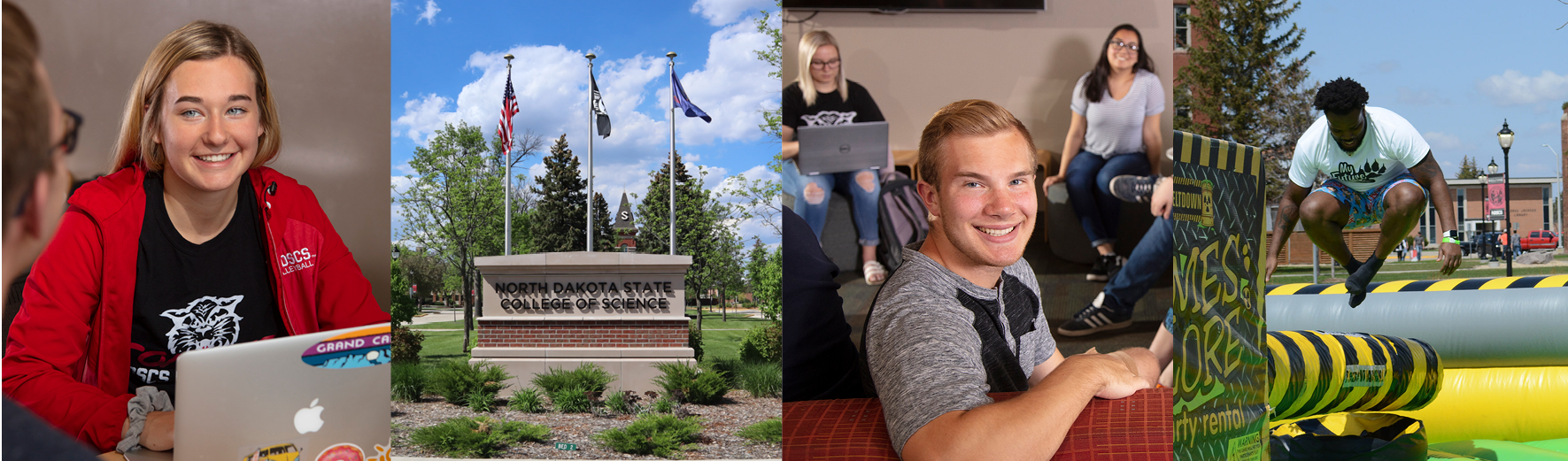 photos of students studying, hanging out, and campus building