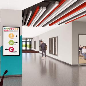 hallway with signage